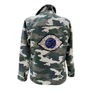 Camo Jacket Sequin Eye Embroidery Denim Youth XL Military Green Utility Y2K 90's